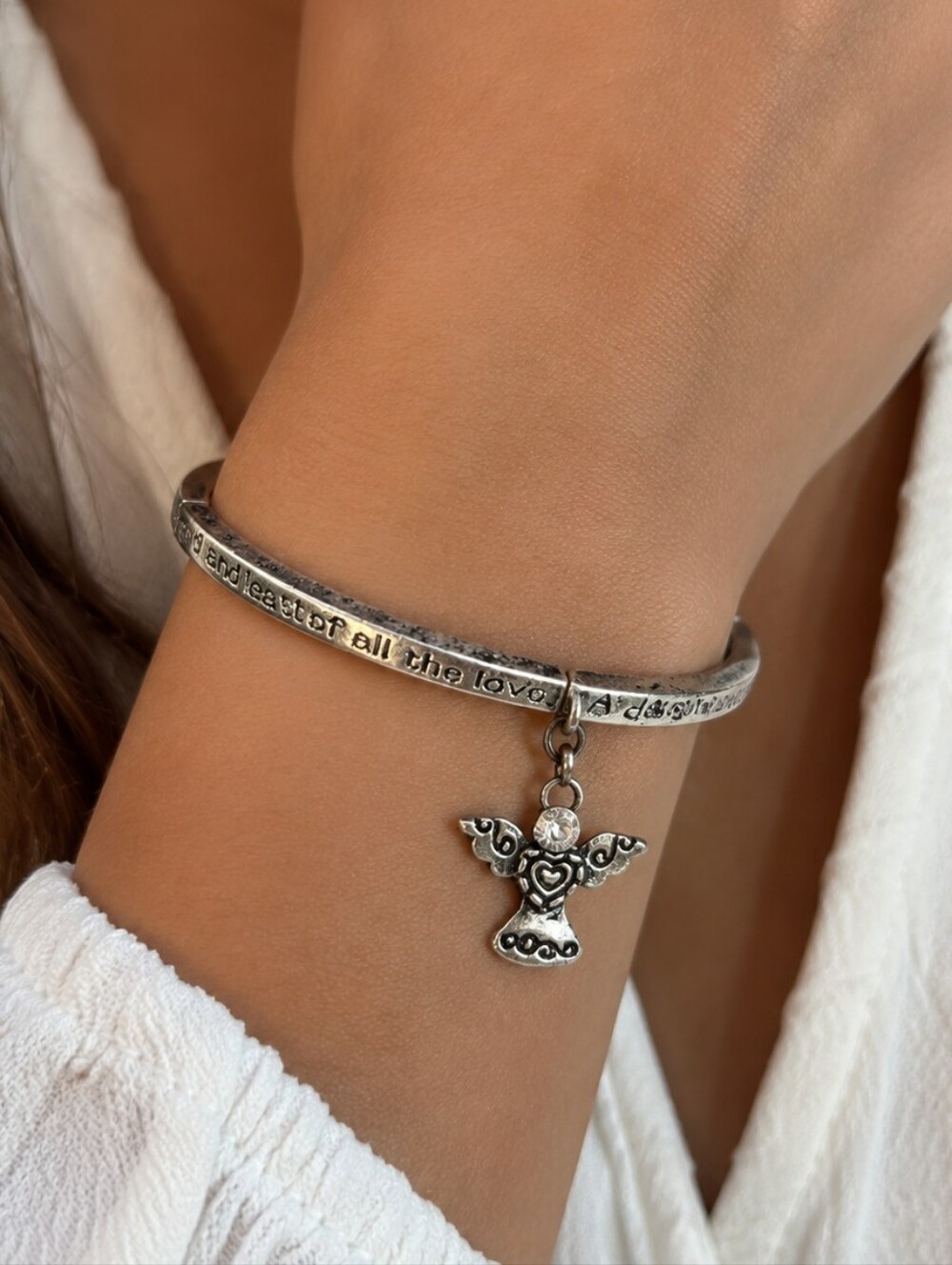 Daughter Blessing Inspirational Angel Charm Bracelet Silver Stretch Bangle